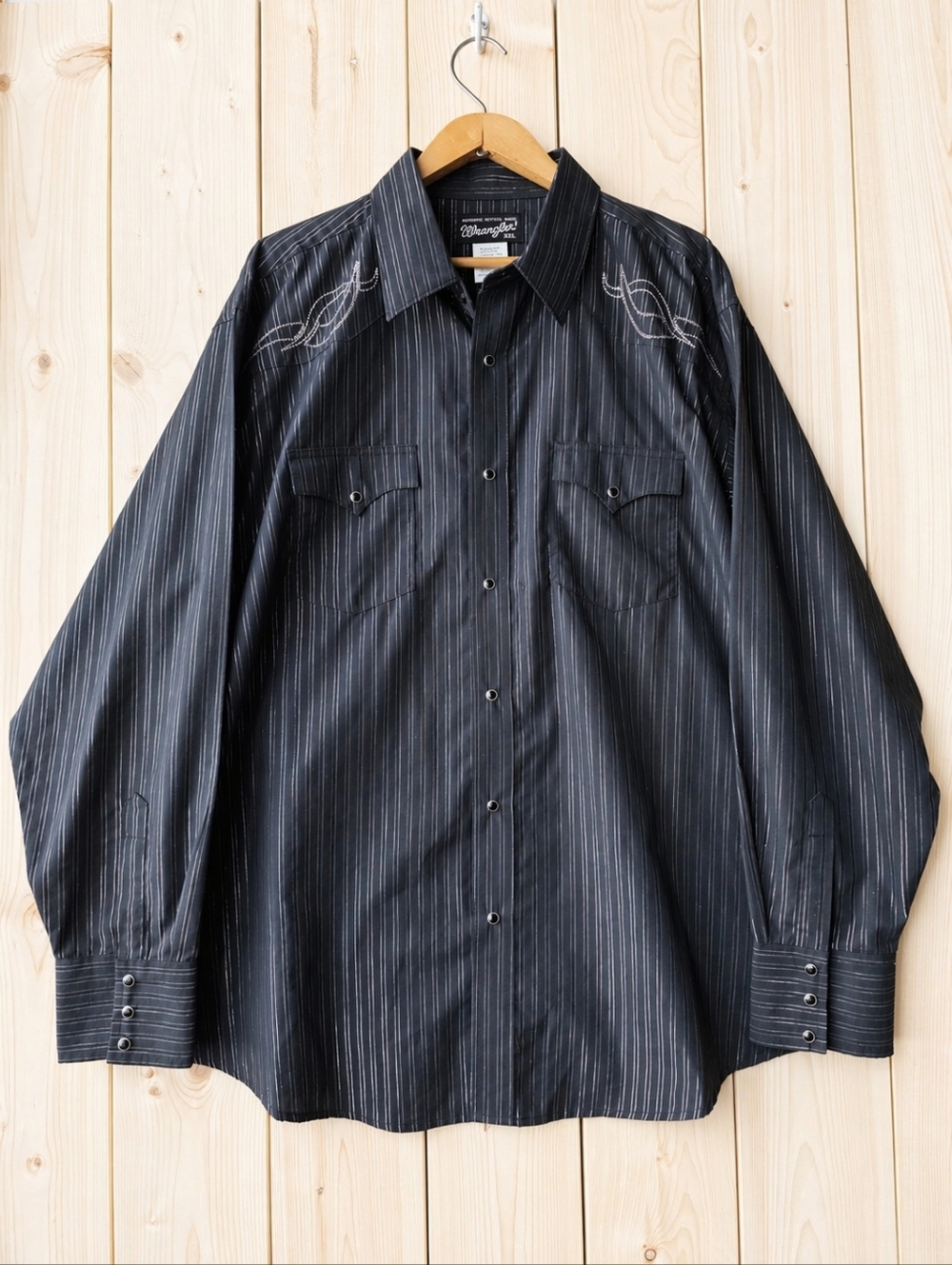 Wrangler Black Metallic Pinstripe Western Button Down Shirt Pearl Snap Mens XXL
